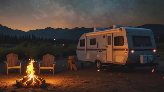 Cozy caravan campsite with campfire and chairs at twilight in a mountain setting, seamless looping 4k animation video background