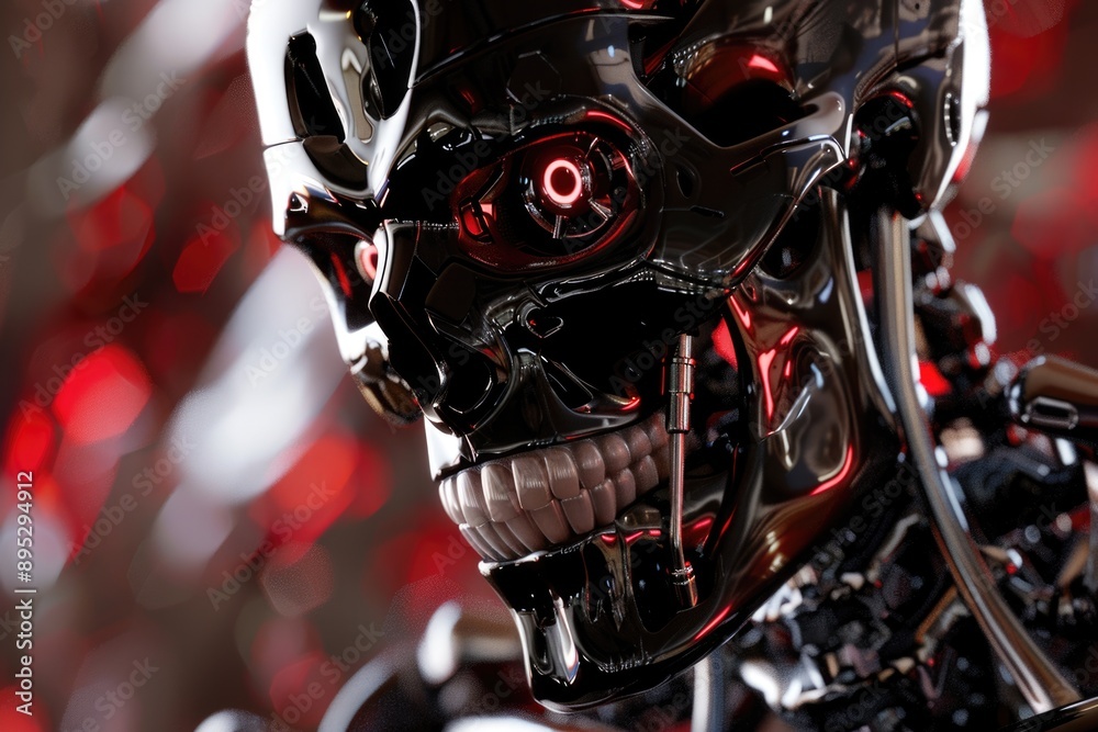 Poster A close-up view of a robot's face with bright red lights, suitable for technology and sci-fi themed projects