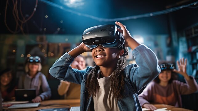 Young African American girl in coding classroom puts on a VR headset, her expression excited as she explores the possibilities of this new technology
