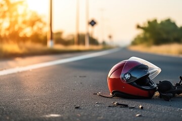 Obraz premium Red motorcycle helmet lies on the asphalt of a rural road, with the sun setting in the background. Car accident concept or life insurance.