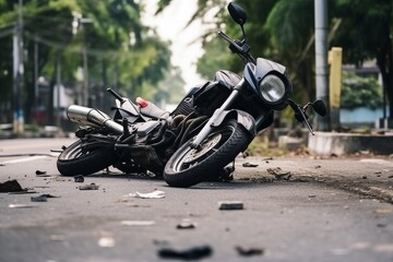Motorcycle lies on its side on a paved street after an accident. The motorcycle is damaged, and debris is scattered around it. Concept of road accident or life insurance.