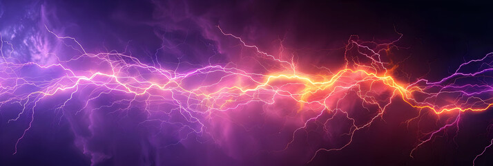 Fototapeta premium Vivid lightning bolt in vibrant purple and red hues against a dark background, capturing the dynamic energy and power of nature.