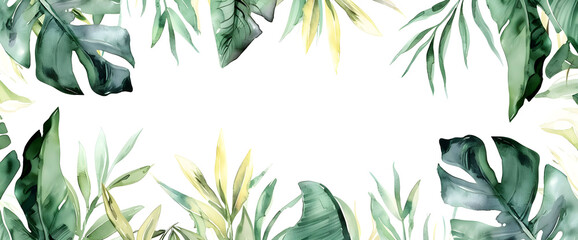 Watercolor tropical leaves border vector illustration, ideal for invitations, cards, posters, and nature-themed designs.