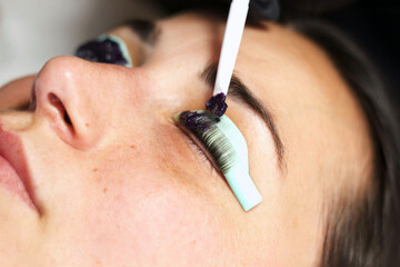 A beautician in black gloves uses a brush to apply lash tint to a woman's eyelashes. The image...