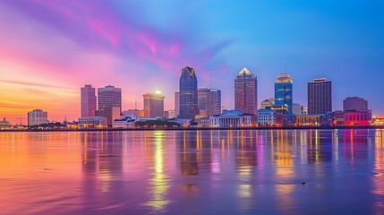 scenic view to New Orleans skyline in morning light from river Mississippi, Louisiana, USA