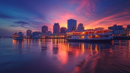 scenic view to New Orleans skyline in morning light from river Mississippi, Louisiana, USA