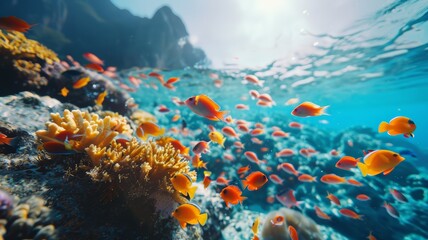 Seascape view of Colorful fishes in the blue ocean