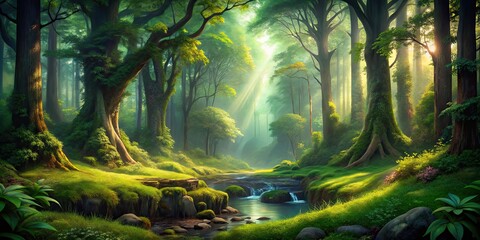 Enchanting forest landscape with dense woods and lush greenery, forest, background, trees, nature, greenery, foliage