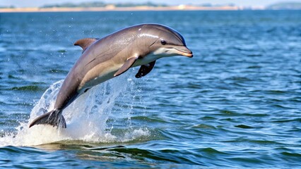 Fototapeta premium Dolphin leaping out of the water with a graceful arc , dolphin, jump, water, ocean, marine life, mammal, wildlife, playful, leap
