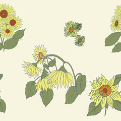Sunflowers Outlined on Dark Green Background Seamless Repeat Pattern