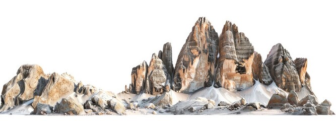 Unique Rocky Mountain Formations with Layered Sedimentary Textures and Sandy Slopes on White Background