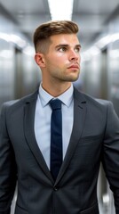 Professional business traveler navigating airport security, sleek design with ample copy space, clear focus on subject, immersive depth creating a dynamic scene.