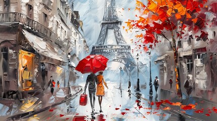 oil painting, woman with an umbrella, walk in Paris, artwork on canvas