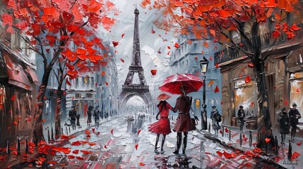 oil painting, woman with an umbrella, walk in Paris, artwork on canvas