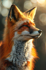Golden Hour Fox: A majestic red fox bathed in the warm glow of sunset, its piercing gaze captivating the beauty of the wild. 