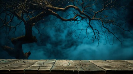 empty wooden table with smoke float up on dark background