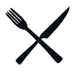 Vector hand drawn crossed fork and knife silhouette isolated on white background