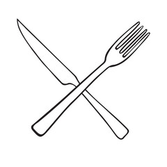 Vector hand drawn sketch doodle outline crossed fork and knife isolated on white background