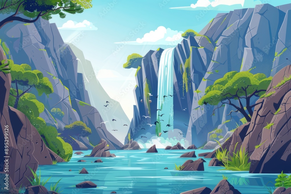 Poster a serene waterfall surrounded by lush greenery and trees in a dense forest