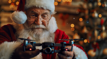 santa claus in the living room with a christmas gift drone