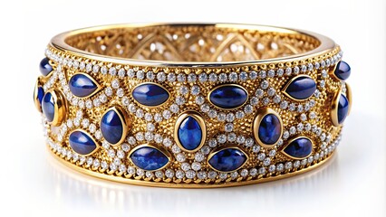 Opulent gold and sapphire cuff bracelet on white background, luxurious, elegant, expensive, jewelry, fashion
