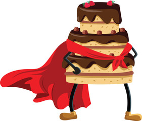 Superhero Vector Cake Wearing a Red Cape Vector Mascot. Funny dessert Character standing with hands on the hips 
