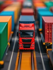 Fleet of cargo trucks on the highway at dawn long journey