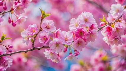 Obraz premium Pink cherry blossom flowers blooming on a tree with blurry background in spring , spring, nature, pink, cherry blossom