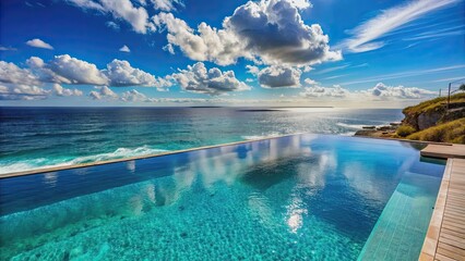Obraz premium Natural ocean landscape with view from the pool, featuring blue water and sky , Ocean, landscape, pool, view, blue water