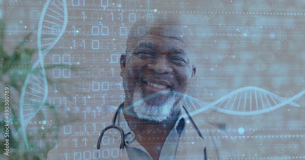 Wall mural Image of data processing and dna strands over african american male doctor working in hospital