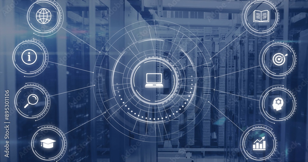 Poster image of network of connections with icons and data processing over computer servers