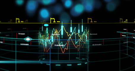 Image of financial data processing over globe on black background