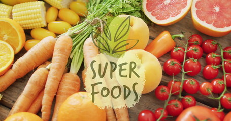 Super Foods text image over fresh fruits and vegetables