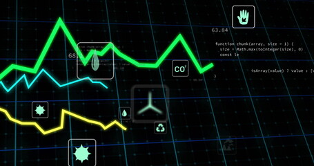 Green line graph and environmental icons image over grid background