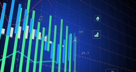 Financial data and environmental icons image over bar and line graphs