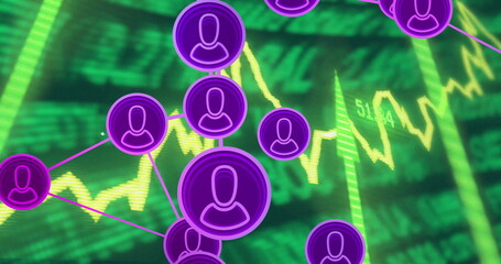 Network of user icons and financial data processing image over stock market graph