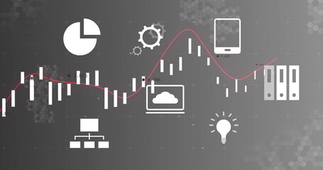 Financial data analysis image with icons of charts, gears, and technology devices