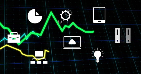 Green line graph and business icons image over grid background