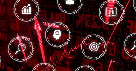 Fototapeta premium Financial data and technology icons image over red stock market graph