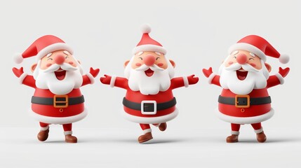 Three santa claus are standing in a row, each with a different pose