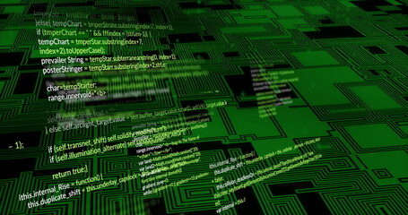 Image of digital data processing over circuit board on black background