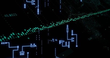 Image of digital data processing over circuit board on black background