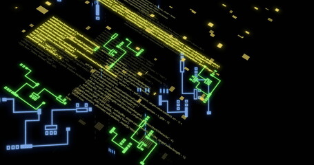 Image of digital data processing over circuit board on black background