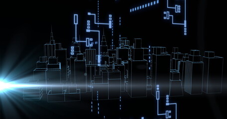 Image of digital data processing over circuit board on black background