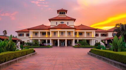 Elegant wedding venue with stunning architecture, vibrant sunset backdrop, romantic atmosphere, ample copy space for messages, immersive depth, and captivating ambiance.