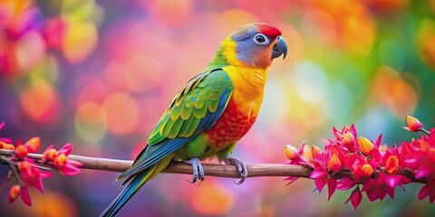 A cute parakeet perched on a colorful branch , parrot, bird, colorful, feather, small, pet, adorable, beak, wings, tropical, exotic
