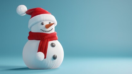 A snowman with a red scarf and a red hat is standing on a blue background