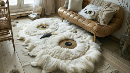 High angle shot of a charming owl-shaped rug with big eyes and soft feathers