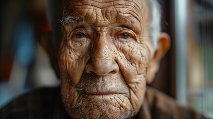 an old man with wrinkles looks at the camera with a serious look on his face