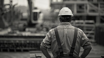 a man wearing a hard hat and overalls looking at a construction site in the background